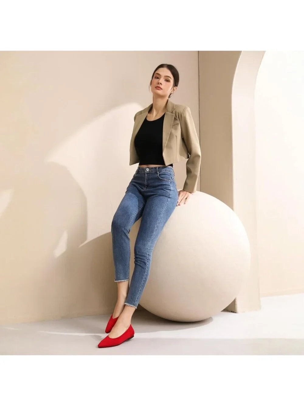 Women's Red Pointed Toe Comfort Foldable Slip On Dressy Knit Ballet Flat Shoes